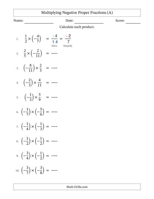 The Multiplying Negative Proper Fractions with Denominators Up to Twelfths, Proper Fractions Results and Some Simplifying (Fillable) (All) Math Worksheet