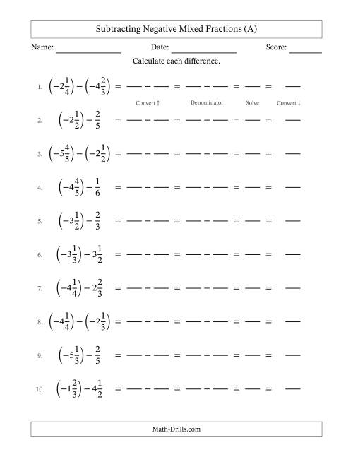 The Subtracting Negative Mixed Fractions with Unlike Denominators Up to Sixths, Mixed Fraction Results and No Simplifying (Fillable) (A) Math Worksheet