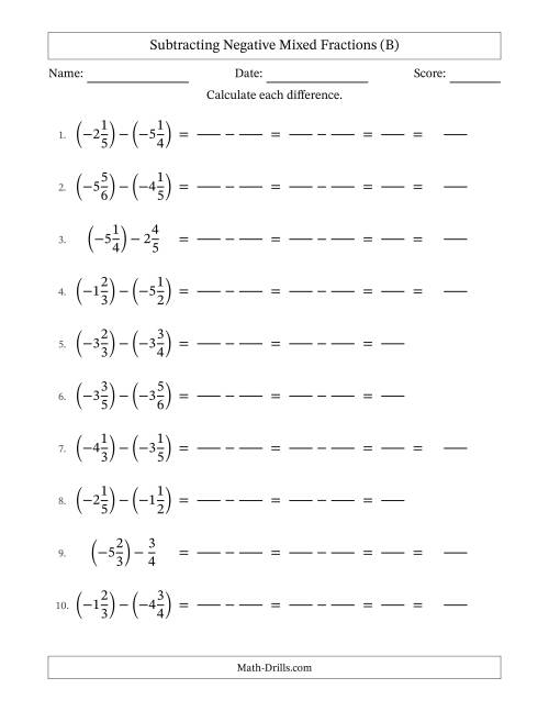 The Subtracting Negative Mixed Fractions with Denominators to Sixths (B) Math Worksheet
