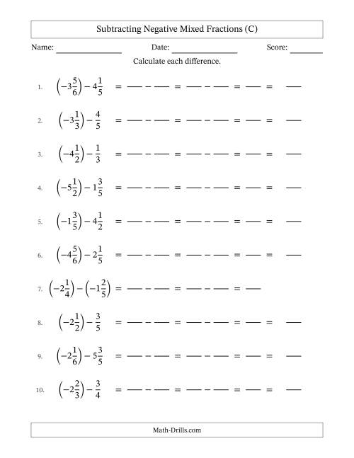 The Subtracting Negative Mixed Fractions with Unlike Denominators Up to Sixths, Mixed Fraction Results and No Simplifying (Fillable) (C) Math Worksheet