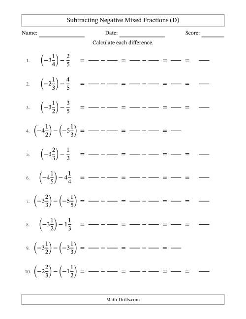 The Subtracting Negative Mixed Fractions with Unlike Denominators Up to Sixths, Mixed Fraction Results and No Simplifying (Fillable) (D) Math Worksheet