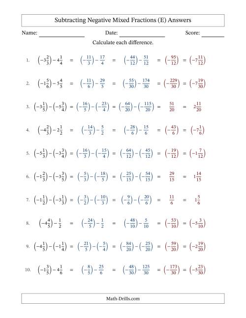 The Subtracting Negative Mixed Fractions with Unlike Denominators Up to Sixths, Mixed Fraction Results and No Simplifying (Fillable) (E) Math Worksheet Page 2