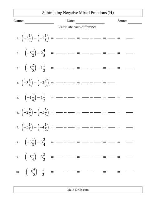 The Subtracting Negative Mixed Fractions with Denominators to Sixths (H) Math Worksheet