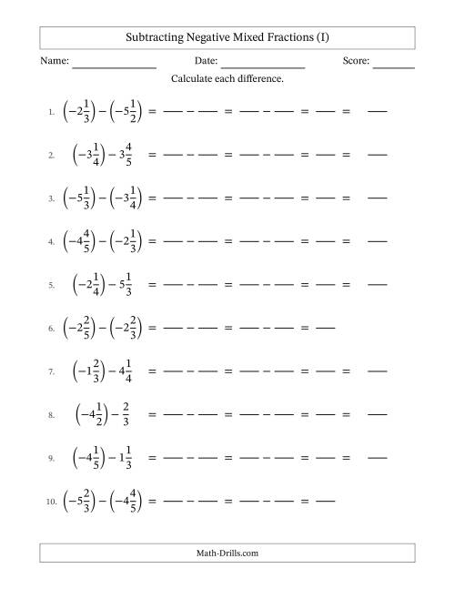 The Subtracting Negative Mixed Fractions with Unlike Denominators Up to Sixths, Mixed Fraction Results and No Simplifying (Fillable) (I) Math Worksheet