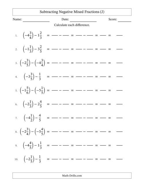 The Subtracting Negative Mixed Fractions with Unlike Denominators Up to Sixths, Mixed Fraction Results and No Simplifying (Fillable) (J) Math Worksheet