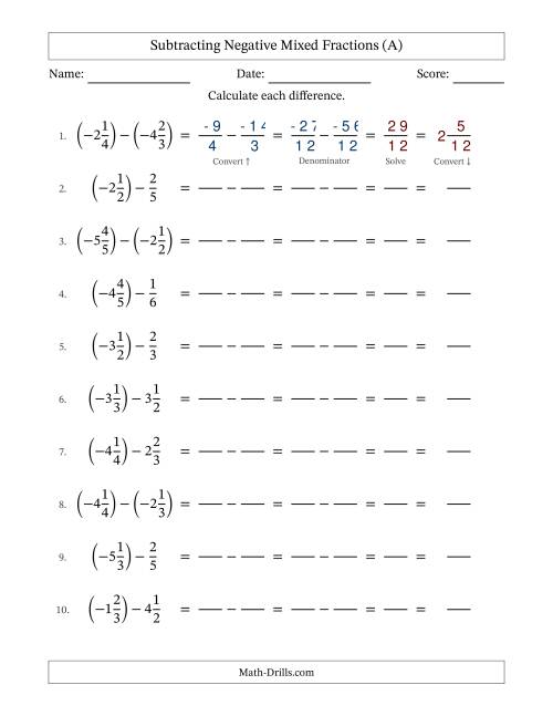 The Subtracting Negative Mixed Fractions with Denominators to Sixths (All) Math Worksheet