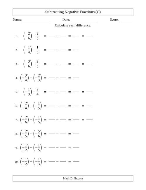 The Subtracting Negative Proper Fractions with Unlike Denominators Up to Sixths, Proper Fraction Results and Some Simplifying (Fillable) (C) Math Worksheet