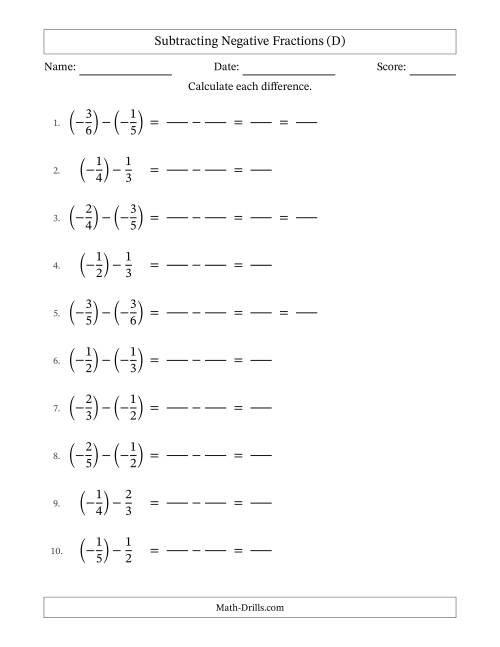 The Subtracting Negative Proper Fractions with Unlike Denominators Up to Sixths, Proper Fraction Results and Some Simplifying (Fillable) (D) Math Worksheet