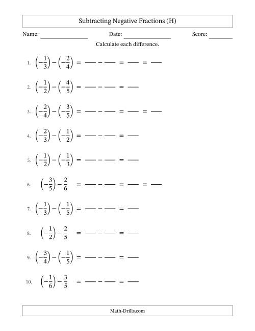 The Subtracting Negative Proper Fractions with Unlike Denominators Up to Sixths, Proper Fraction Results and Some Simplifying (Fillable) (H) Math Worksheet