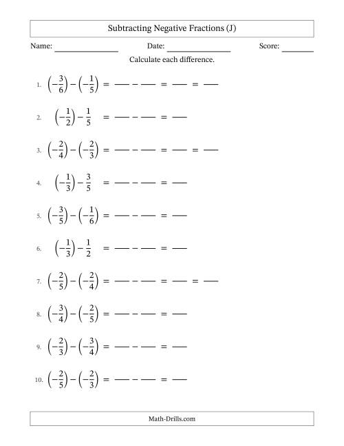 The Subtracting Negative Proper Fractions with Unlike Denominators Up to Sixths, Proper Fraction Results and Some Simplifying (Fillable) (J) Math Worksheet