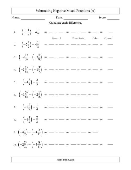 The Subtracting Negative Mixed Fractions with Unlike Denominators Up to Twelfths, Mixed Fraction Results and No Simplifying (Fillable) (A) Math Worksheet