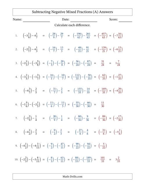 The Subtracting Negative Mixed Fractions with Unlike Denominators Up to Twelfths, Mixed Fraction Results and No Simplifying (Fillable) (A) Math Worksheet Page 2