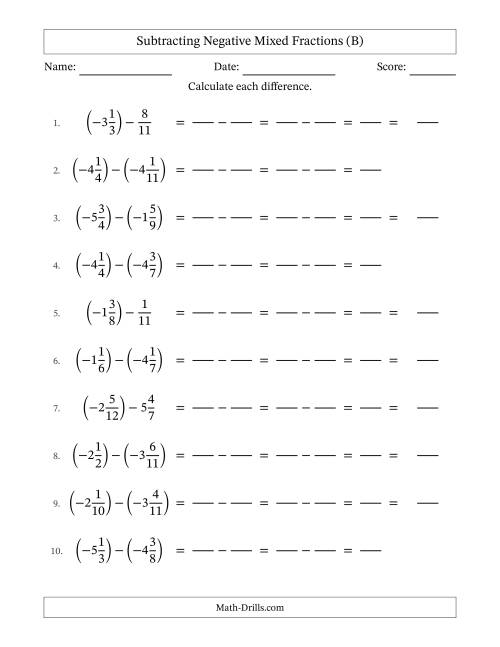 The Subtracting Negative Mixed Fractions with Denominators to Twelfths (B) Math Worksheet