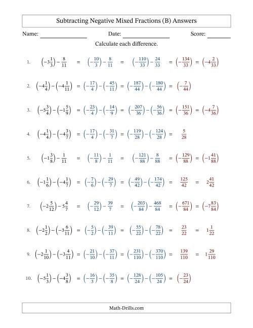 The Subtracting Negative Mixed Fractions with Unlike Denominators Up to Twelfths, Mixed Fraction Results and No Simplifying (Fillable) (B) Math Worksheet Page 2