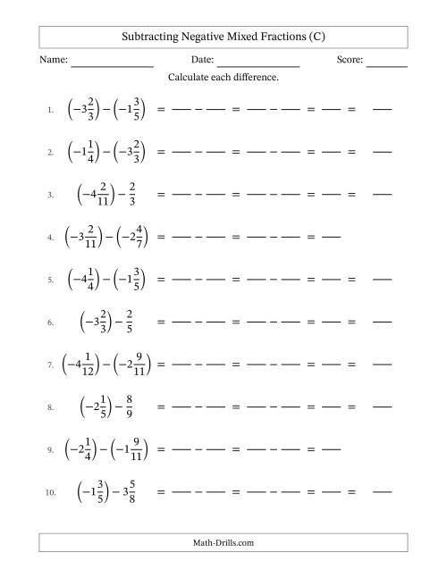The Subtracting Negative Mixed Fractions with Denominators to Twelfths (C) Math Worksheet