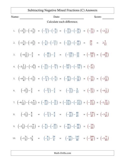 The Subtracting Negative Mixed Fractions with Unlike Denominators Up to Twelfths, Mixed Fraction Results and No Simplifying (Fillable) (C) Math Worksheet Page 2