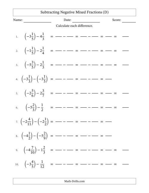 The Subtracting Negative Mixed Fractions with Unlike Denominators Up to Twelfths, Mixed Fraction Results and No Simplifying (Fillable) (D) Math Worksheet