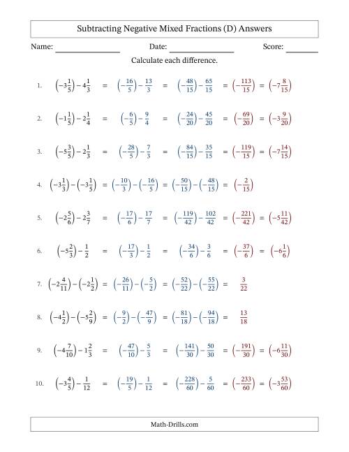 The Subtracting Negative Mixed Fractions with Unlike Denominators Up to Twelfths, Mixed Fraction Results and No Simplifying (Fillable) (D) Math Worksheet Page 2