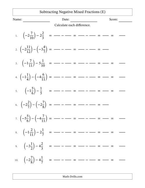 The Subtracting Negative Mixed Fractions with Unlike Denominators Up to Twelfths, Mixed Fraction Results and No Simplifying (Fillable) (E) Math Worksheet
