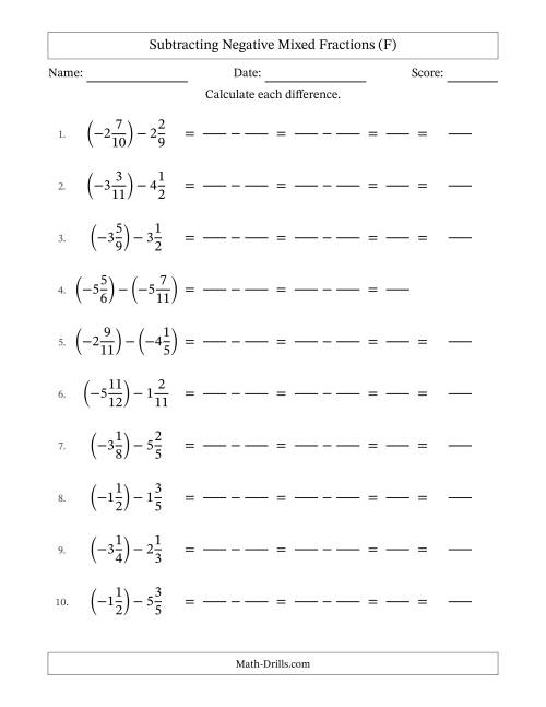 The Subtracting Negative Mixed Fractions with Unlike Denominators Up to Twelfths, Mixed Fraction Results and No Simplifying (Fillable) (F) Math Worksheet