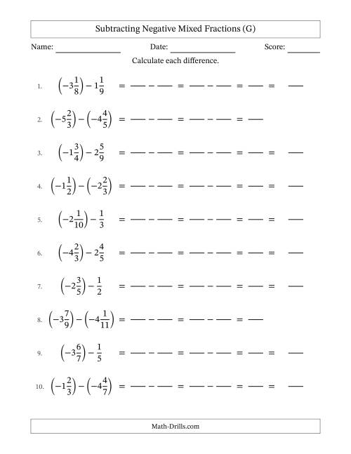 The Subtracting Negative Mixed Fractions with Unlike Denominators Up to Twelfths, Mixed Fraction Results and No Simplifying (Fillable) (G) Math Worksheet
