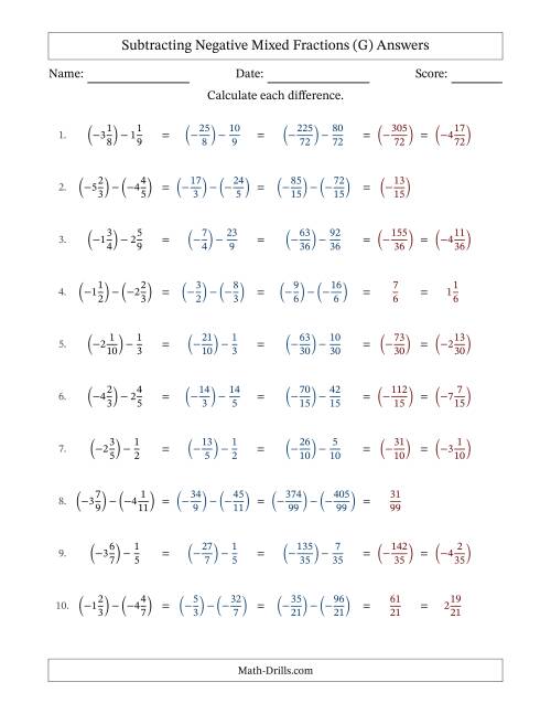 The Subtracting Negative Mixed Fractions with Unlike Denominators Up to Twelfths, Mixed Fraction Results and No Simplifying (Fillable) (G) Math Worksheet Page 2
