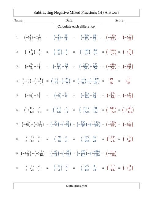 The Subtracting Negative Mixed Fractions with Unlike Denominators Up to Twelfths, Mixed Fraction Results and No Simplifying (Fillable) (H) Math Worksheet Page 2