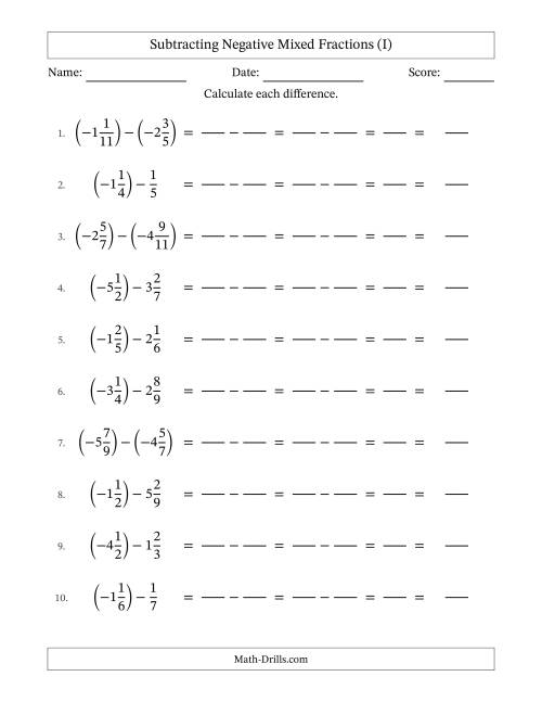 The Subtracting Negative Mixed Fractions with Denominators to Twelfths (I) Math Worksheet