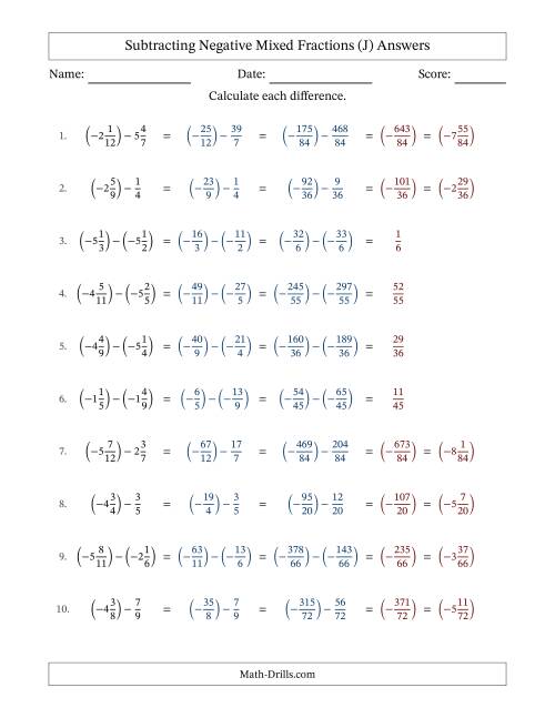 The Subtracting Negative Mixed Fractions with Unlike Denominators Up to Twelfths, Mixed Fraction Results and No Simplifying (Fillable) (J) Math Worksheet Page 2