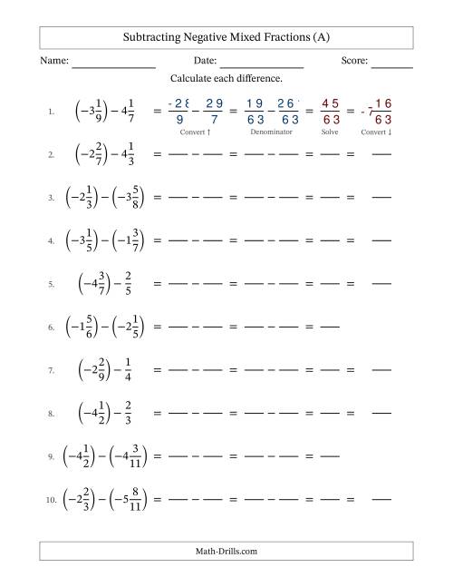 The Subtracting Negative Mixed Fractions with Denominators to Twelfths (All) Math Worksheet