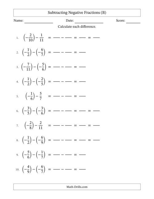 The Subtracting Negative Fractions with Denominators to Twelfths (B) Math Worksheet