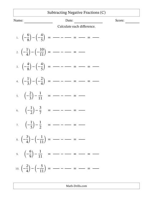 The Subtracting Negative Fractions with Denominators to Twelfths (C) Math Worksheet
