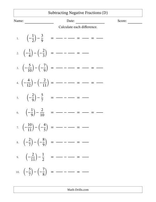The Subtracting Negative Fractions with Denominators to Twelfths (D) Math Worksheet
