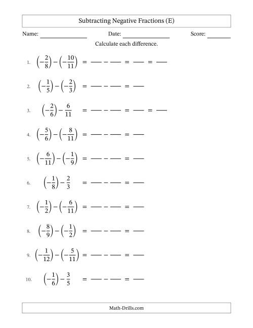 The Subtracting Negative Fractions with Denominators to Twelfths (E) Math Worksheet