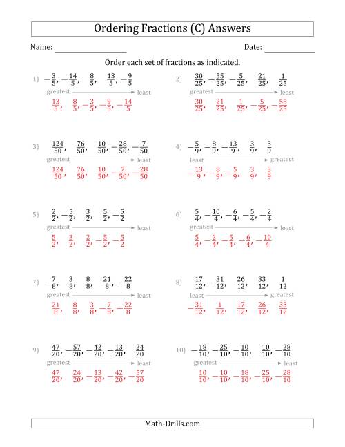 The Ordering Sets of 5 Positive and Negative Fractions with Like Denominators (C) Math Worksheet Page 2