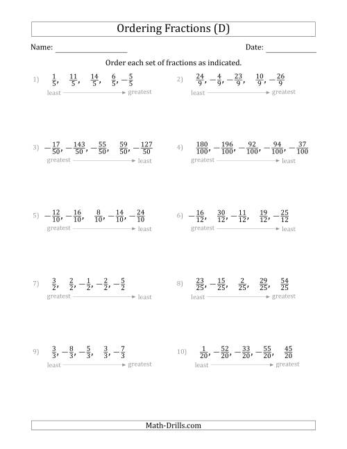 The Ordering Sets of 5 Positive and Negative Fractions with Like Denominators (D) Math Worksheet