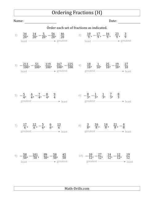 The Ordering Sets of 5 Positive and Negative Fractions with Like Denominators (H) Math Worksheet