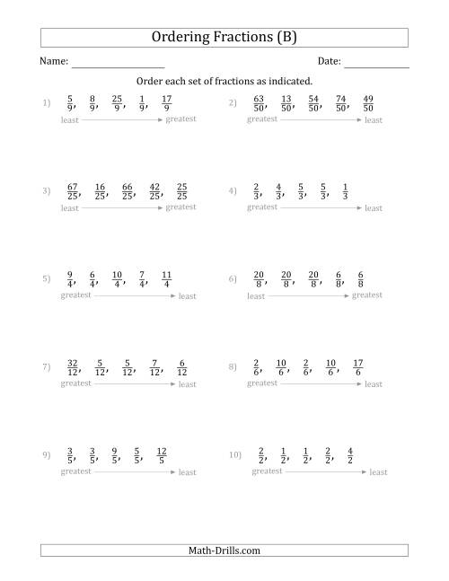 The Ordering Sets of 5 Positive Fractions with Like Denominators (B) Math Worksheet