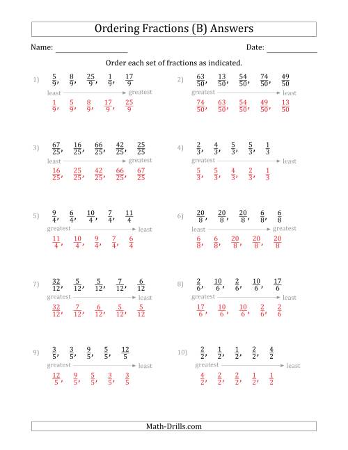 The Ordering Sets of 5 Positive Fractions with Like Denominators (B) Math Worksheet Page 2