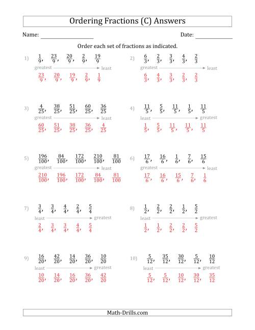 The Ordering Sets of 5 Positive Fractions with Like Denominators (C) Math Worksheet Page 2