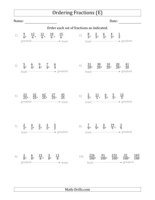The Ordering Sets of 5 Positive Fractions with Like Denominators (E) Math Worksheet