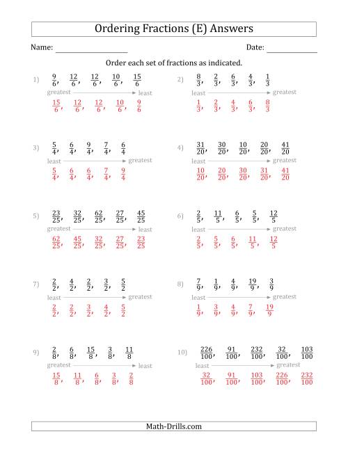 The Ordering Sets of 5 Positive Fractions with Like Denominators (E) Math Worksheet Page 2