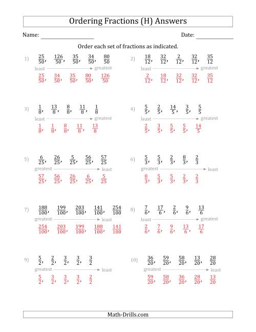 The Ordering Sets of 5 Positive Fractions with Like Denominators (H) Math Worksheet Page 2