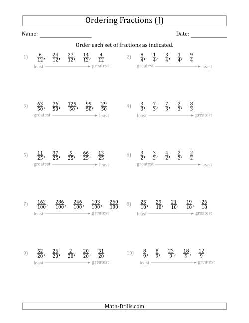 The Ordering Sets of 5 Positive Fractions with Like Denominators (J) Math Worksheet