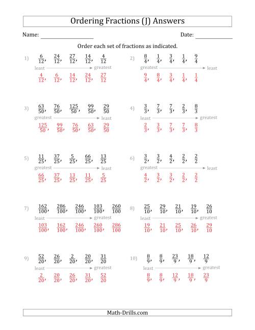 The Ordering Sets of 5 Positive Fractions with Like Denominators (J) Math Worksheet Page 2