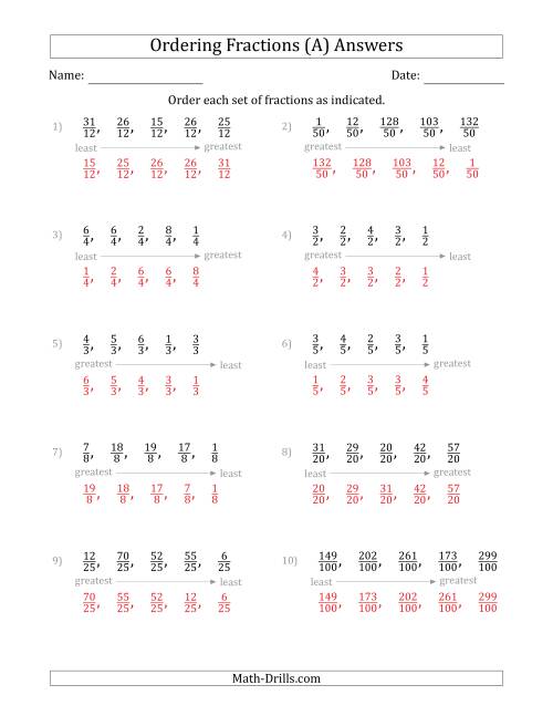 The Ordering Sets of 5 Positive Fractions with Like Denominators (All) Math Worksheet Page 2