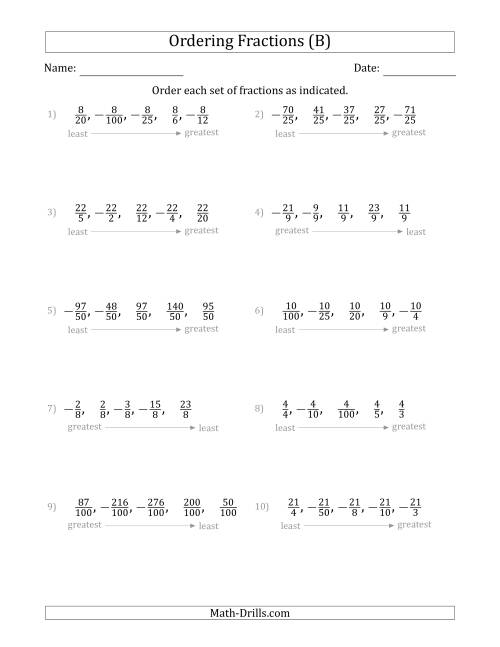 The Ordering Sets of 5 Positive and Negative Fractions with Like Denominators or Like Numerators (B) Math Worksheet