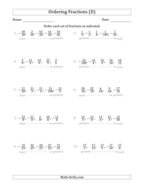 The Ordering Sets of 5 Positive and Negative Fractions with Like Denominators or Like Numerators (D) Math Worksheet
