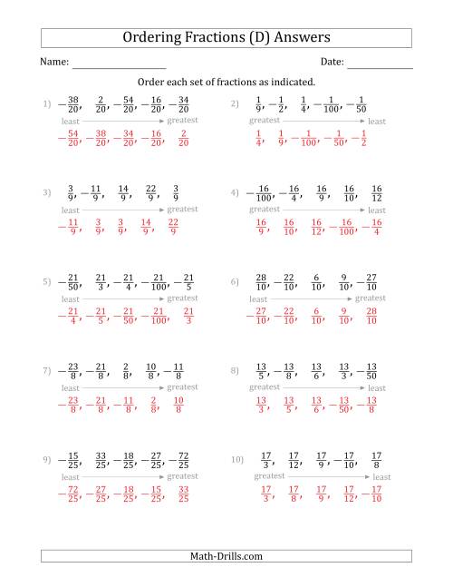 The Ordering Sets of 5 Positive and Negative Fractions with Like Denominators or Like Numerators (D) Math Worksheet Page 2