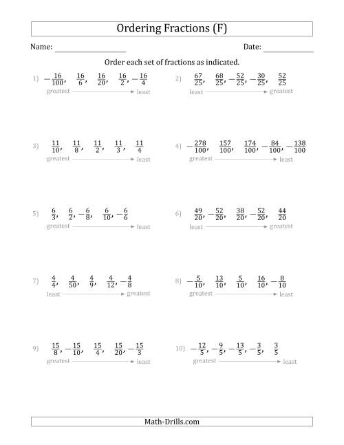 The Ordering Sets of 5 Positive and Negative Fractions with Like Denominators or Like Numerators (F) Math Worksheet